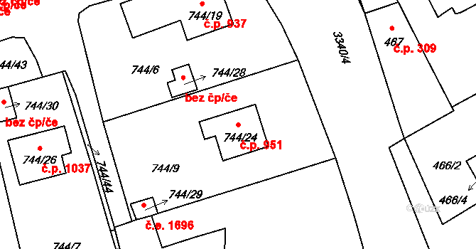 Pelhřimov 951 na parcele st. 744/24 v KÚ Pelhřimov, Katastrální mapa