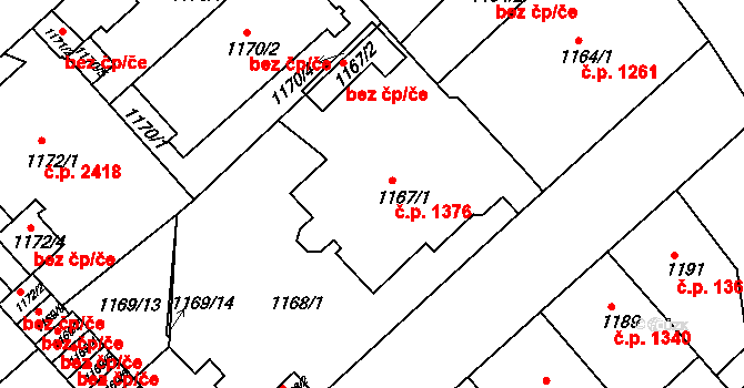 Teplice 1376 na parcele st. 1167/1 v KÚ Teplice, Katastrální mapa