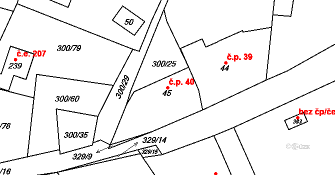 Račice 40 na parcele st. 45 v KÚ Račice nad Berounkou, Katastrální mapa