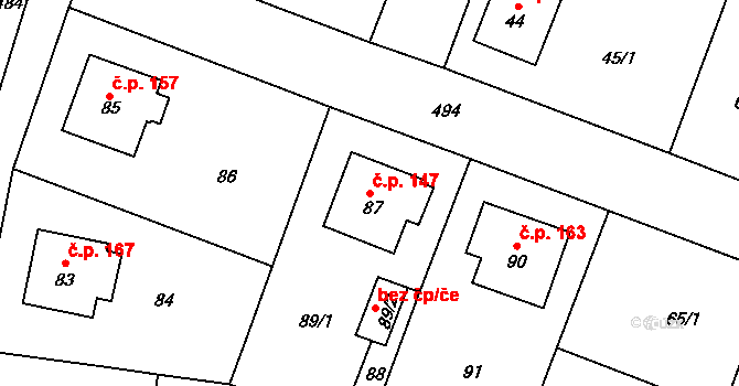 Třeboradice 147, Praha na parcele st. 87 v KÚ Třeboradice, Katastrální mapa