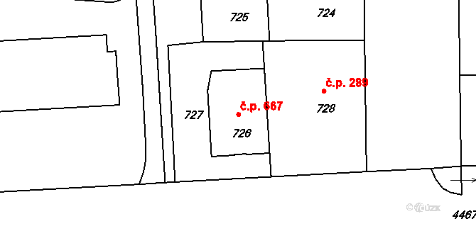 Strašnice 667, Praha na parcele st. 726 v KÚ Strašnice, Katastrální mapa