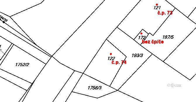 Černín 74, Zdice na parcele st. 122 v KÚ Černín u Zdic, Katastrální mapa