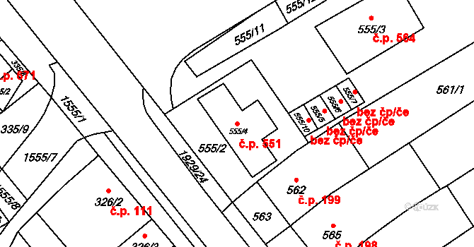 Zbýšov 551 na parcele st. 555/4 v KÚ Zbýšov u Oslavan, Katastrální mapa
