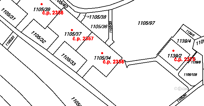 Mizerov 2358, Karviná na parcele st. 1105/34 v KÚ Karviná-město, Katastrální mapa