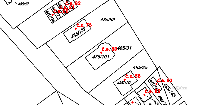 Milotice nad Bečvou 58 na parcele st. 485/101 v KÚ Milotice nad Bečvou, Katastrální mapa
