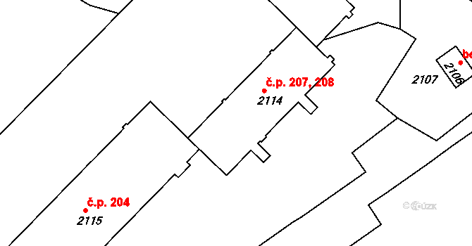 Žďár nad Sázavou 1 207,208, Žďár nad Sázavou na parcele st. 2114 v KÚ Město Žďár, Katastrální mapa