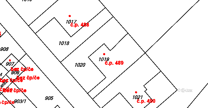 Měřín 489 na parcele st. 1019 v KÚ Měřín, Katastrální mapa