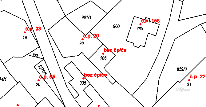 Radešínská Svratka 40954854 na parcele st. 106 v KÚ Radešínská Svratka, Katastrální mapa