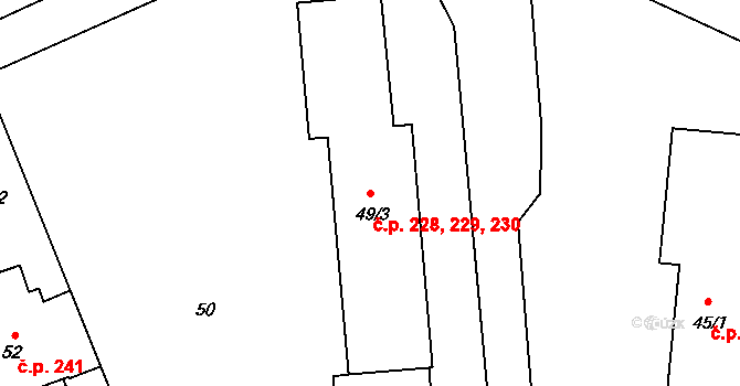 Komárov 228,229,230, Opava na parcele st. 49/3 v KÚ Komárov u Opavy, Katastrální mapa