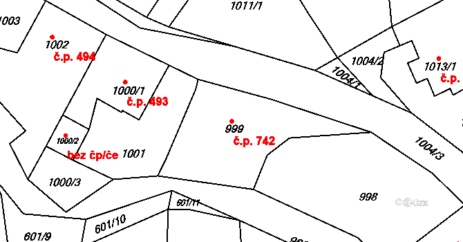 Buchlovice 742 na parcele st. 999 v KÚ Buchlovice, Katastrální mapa