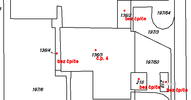 Velebudice 4, Most na parcele st. 136/3 v KÚ Velebudice, Katastrální mapa