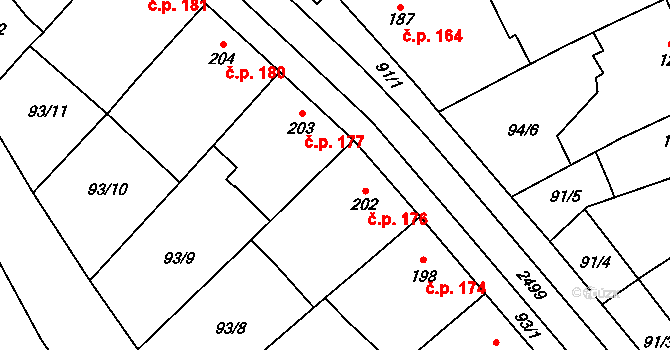 Mouřínov 176 na parcele st. 202 v KÚ Mouřínov, Katastrální mapa