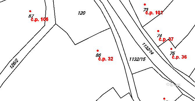 Byšice 32 na parcele st. 86 v KÚ Byšice, Katastrální mapa