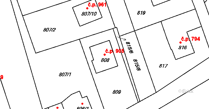 Štramberk 905 na parcele st. 808 v KÚ Štramberk, Katastrální mapa