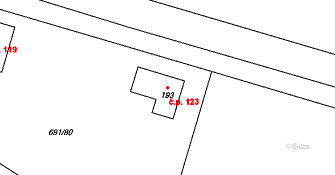 Ražice 123 na parcele st. 193 v KÚ Ražice, Katastrální mapa