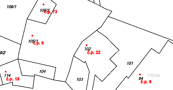 Henčov 22, Jihlava na parcele st. 102 v KÚ Henčov, Katastrální mapa