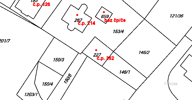Lázně Toušeň 352 na parcele st. 227 v KÚ Lázně Toušeň, Katastrální mapa
