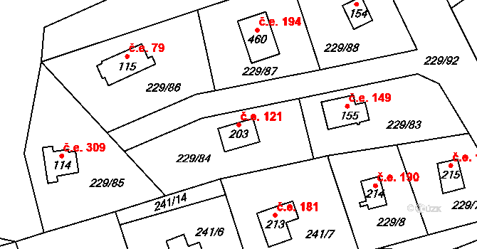 Hostěradice 121, Kamenný Přívoz na parcele st. 203 v KÚ Hostěradice, Katastrální mapa