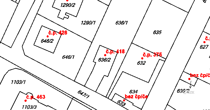 Hřebeč 418 na parcele st. 636/2 v KÚ Hřebeč, Katastrální mapa