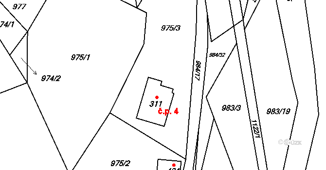 Košařiska 4 na parcele st. 311 v KÚ Košařiska, Katastrální mapa