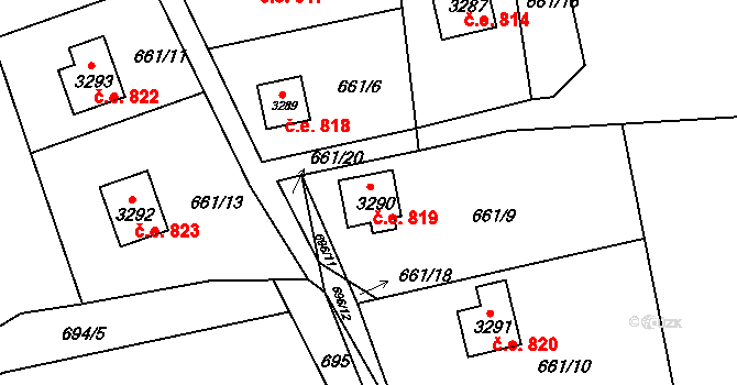 Ostravice 819 na parcele st. 3290 v KÚ Staré Hamry 2, Katastrální mapa