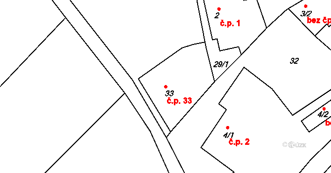 Kovářov 33, Bouzov na parcele st. 33 v KÚ Kovářov u Bouzova, Katastrální mapa