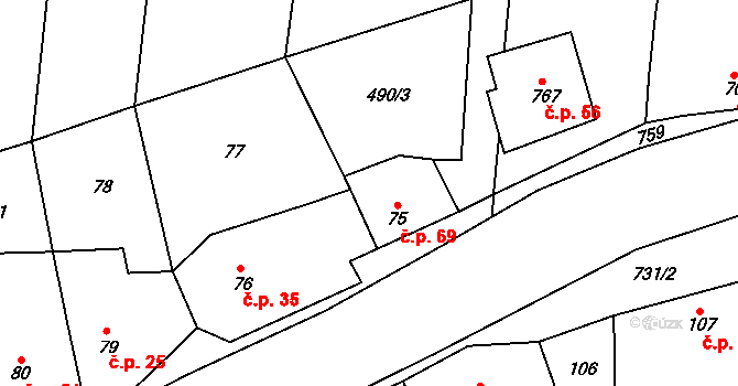 Olbramice 69 na parcele st. 75 v KÚ Olbramice u Vilémova, Katastrální mapa