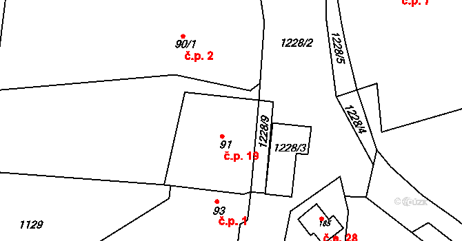 Humenec 19, Teplýšovice na parcele st. 91 v KÚ Teplýšovice, Katastrální mapa