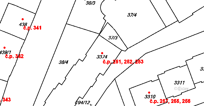 Strakonice I 251,252,253, Strakonice na parcele st. 3374 v KÚ Strakonice, Katastrální mapa