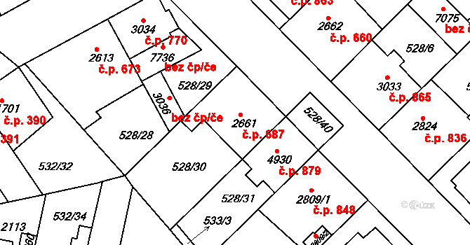 Borovina 687, Třebíč na parcele st. 2661 v KÚ Třebíč, Katastrální mapa
