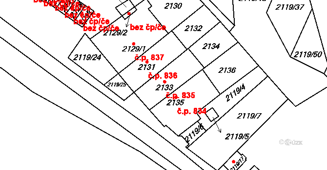 Maloměřice 835, Brno na parcele st. 2133 v KÚ Maloměřice, Katastrální mapa