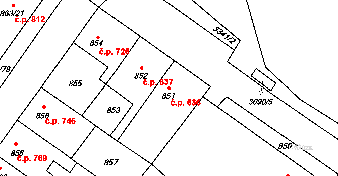 Pelhřimov 636 na parcele st. 851 v KÚ Pelhřimov, Katastrální mapa