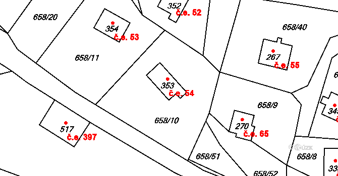 Dřenice 54, Cheb na parcele st. 353 v KÚ Dřenice u Chebu, Katastrální mapa