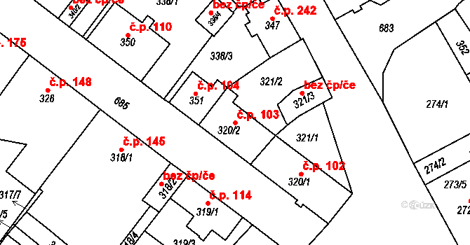 Svatava 103 na parcele st. 320/2 v KÚ Svatava, Katastrální mapa