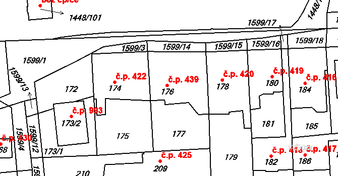 Dolní Počernice 439, Praha na parcele st. 176 v KÚ Dolní Počernice, Katastrální mapa