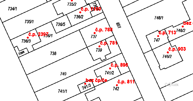 Chodov 781, Praha na parcele st. 739 v KÚ Chodov, Katastrální mapa
