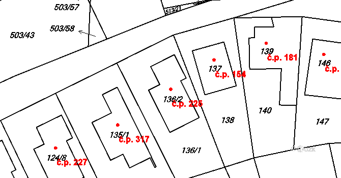Lysolaje 225, Praha na parcele st. 136/2 v KÚ Lysolaje, Katastrální mapa