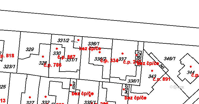 Čimice 334, Praha na parcele st. 336/2 v KÚ Čimice, Katastrální mapa
