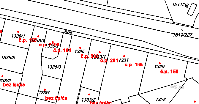 Bolevec 201, Plzeň na parcele st. 1333/1 v KÚ Bolevec, Katastrální mapa