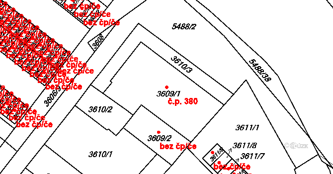 Božkov 380, Plzeň na parcele st. 3609/1 v KÚ Plzeň, Katastrální mapa