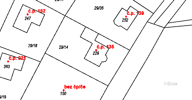 Hradešín 135 na parcele st. 229 v KÚ Hradešín, Katastrální mapa