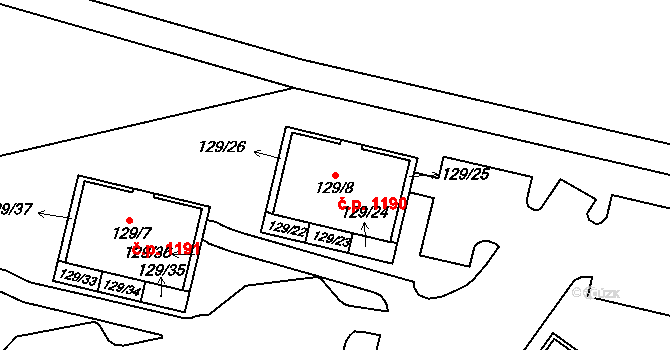 Jilemnice 1190 na parcele st. 129/8 v KÚ Jilemnice, Katastrální mapa
