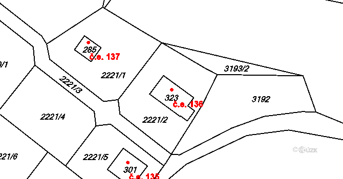 Skalice 136 na parcele st. 323 v KÚ Skalice nad Lužnicí, Katastrální mapa