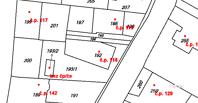 Děhylov 118 na parcele st. 192 v KÚ Děhylov, Katastrální mapa
