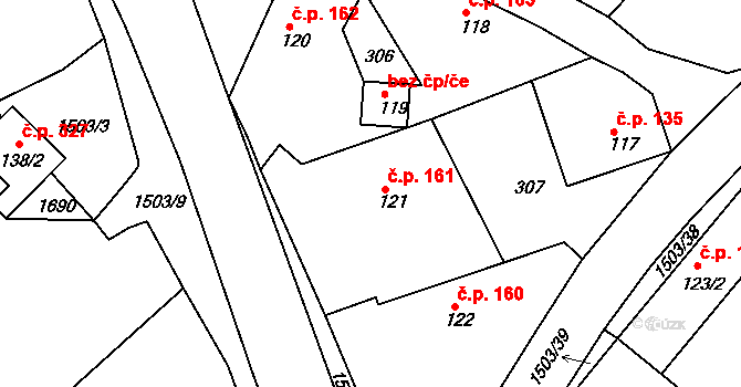 Rosice 161 na parcele st. 121 v KÚ Rosice u Chrasti, Katastrální mapa