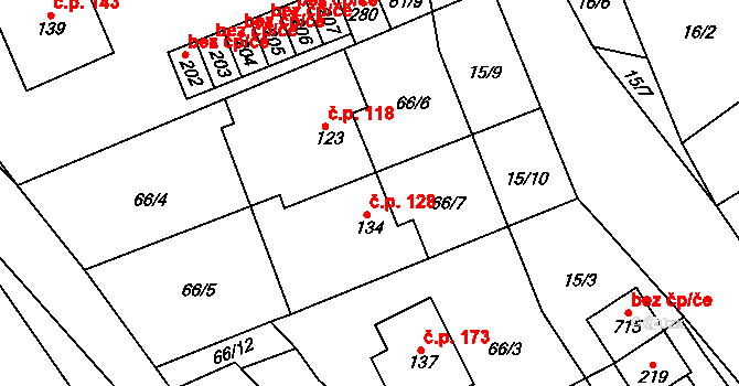 Velké Přílepy 128 na parcele st. 134 v KÚ Kamýk u Velkých Přílep, Katastrální mapa