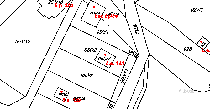 Olomučany 141 na parcele st. 950/7 v KÚ Olomučany, Katastrální mapa