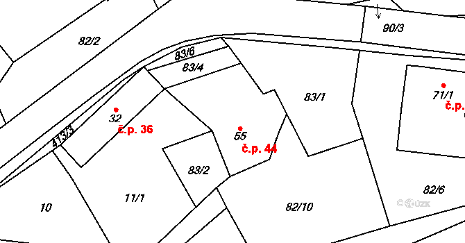 Kalivody 44 na parcele st. 55 v KÚ Kalivody, Katastrální mapa
