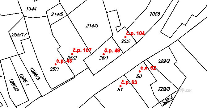 Rychnov nad Malší 49, Dolní Dvořiště na parcele st. 36/1 v KÚ Rychnov nad Malší, Katastrální mapa