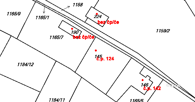Velká Černoc 124, Měcholupy na parcele st. 145 v KÚ Velká Černoc, Katastrální mapa